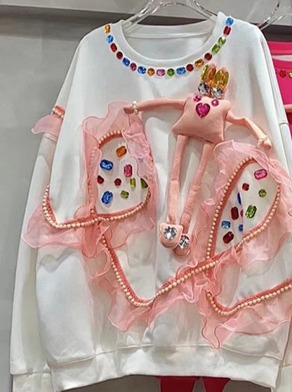 Design Sense Colored Diamond Mesh Splicing T-shirt Women's Popular Hoodies 2024 Autumn Loose Medium And Long Sweatshirts Dress