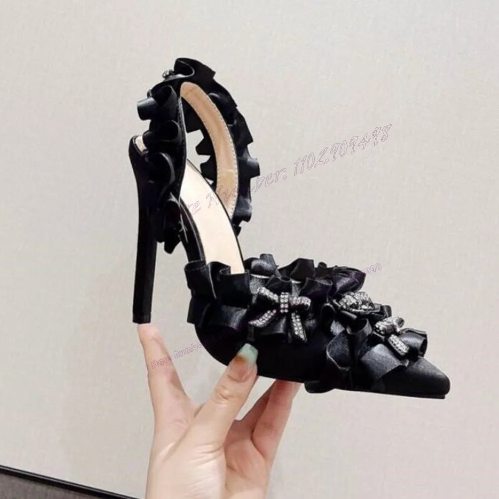 Pink Ruffles Bow Knot Pumps Slingback Pointed Toe Shoes for Women Stilettos High Heels Sexy Lady Shoes 2023 Zapatos Para Mujere