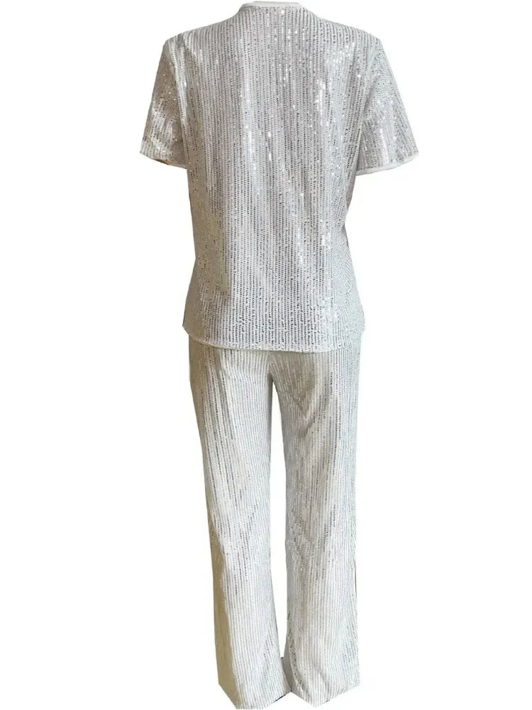 Casual Sequin Two Piece Set for Women Solid Short Sleeve T-shirt Wide Leg Pants Spring Summer Outfits Women 2 Piece Set 2025