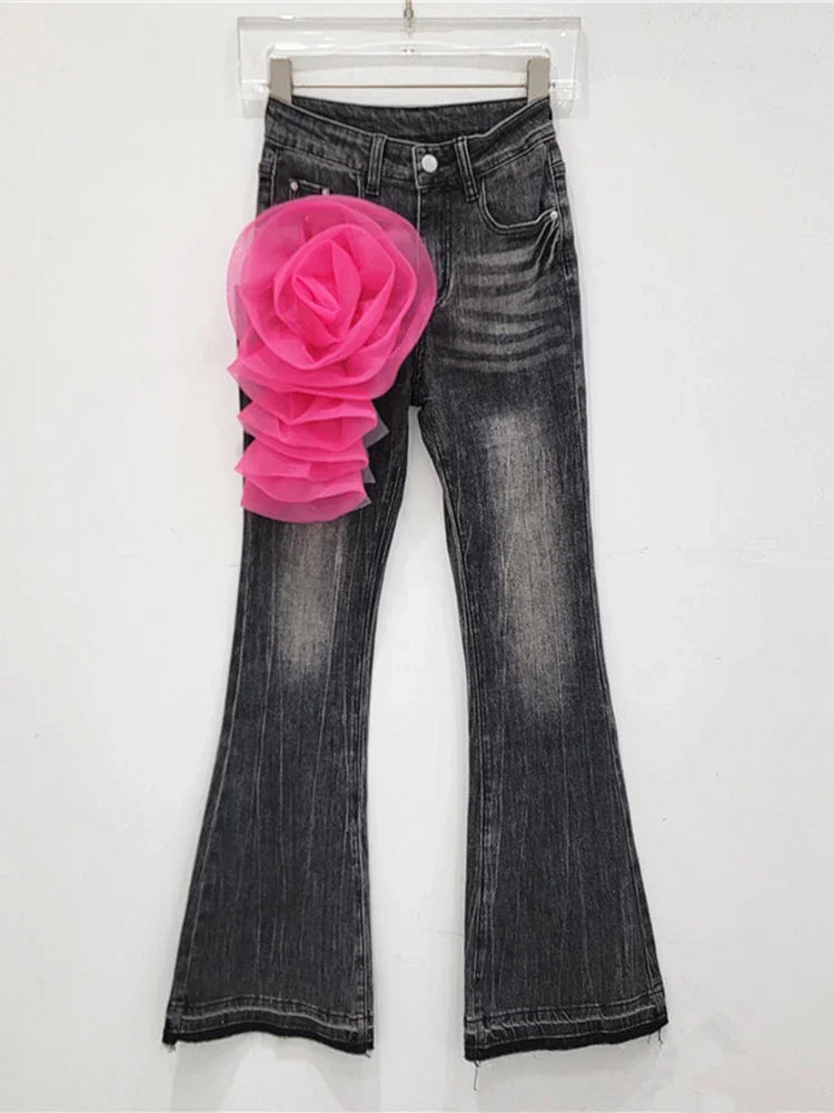 GPBD Vintage Trendy Women's Mesh Flower Gradient Design Flare Jeans 2025 Autumn Fashion High Waist Denim Pants Female 29L7906