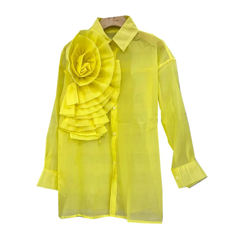 Luxury Women 3D Pleated Flowers Mesh Shirts Top Summer Perspective Floral Gauze Spliced Blouses Long Sleeve Cardigan Tops Blusas