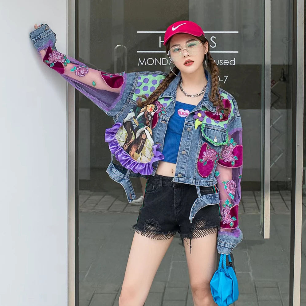 Spring and Autumn New Heavy Industry Mesh Spliced Denim Coat Women's Loose Bombed Street Top jackets