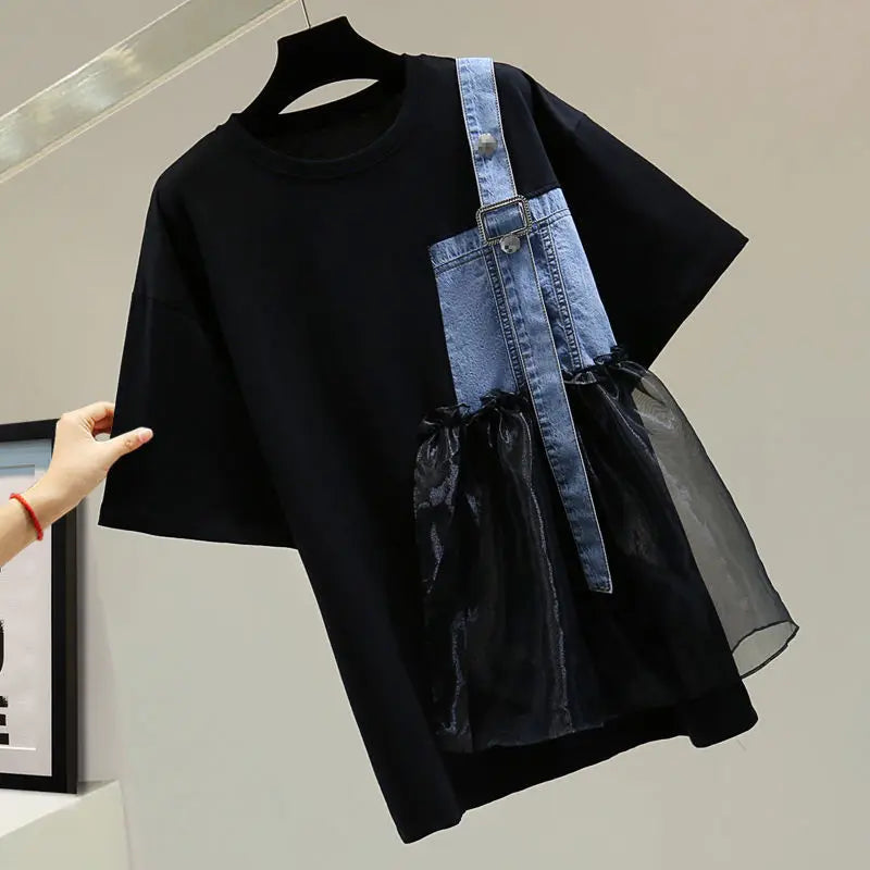 Spring/Summer Unique New Short Sleeve Oversize T-shirt Women's Chic Mesh Patchwork Tops Fashion Denim Splice Female Tees M-4XL