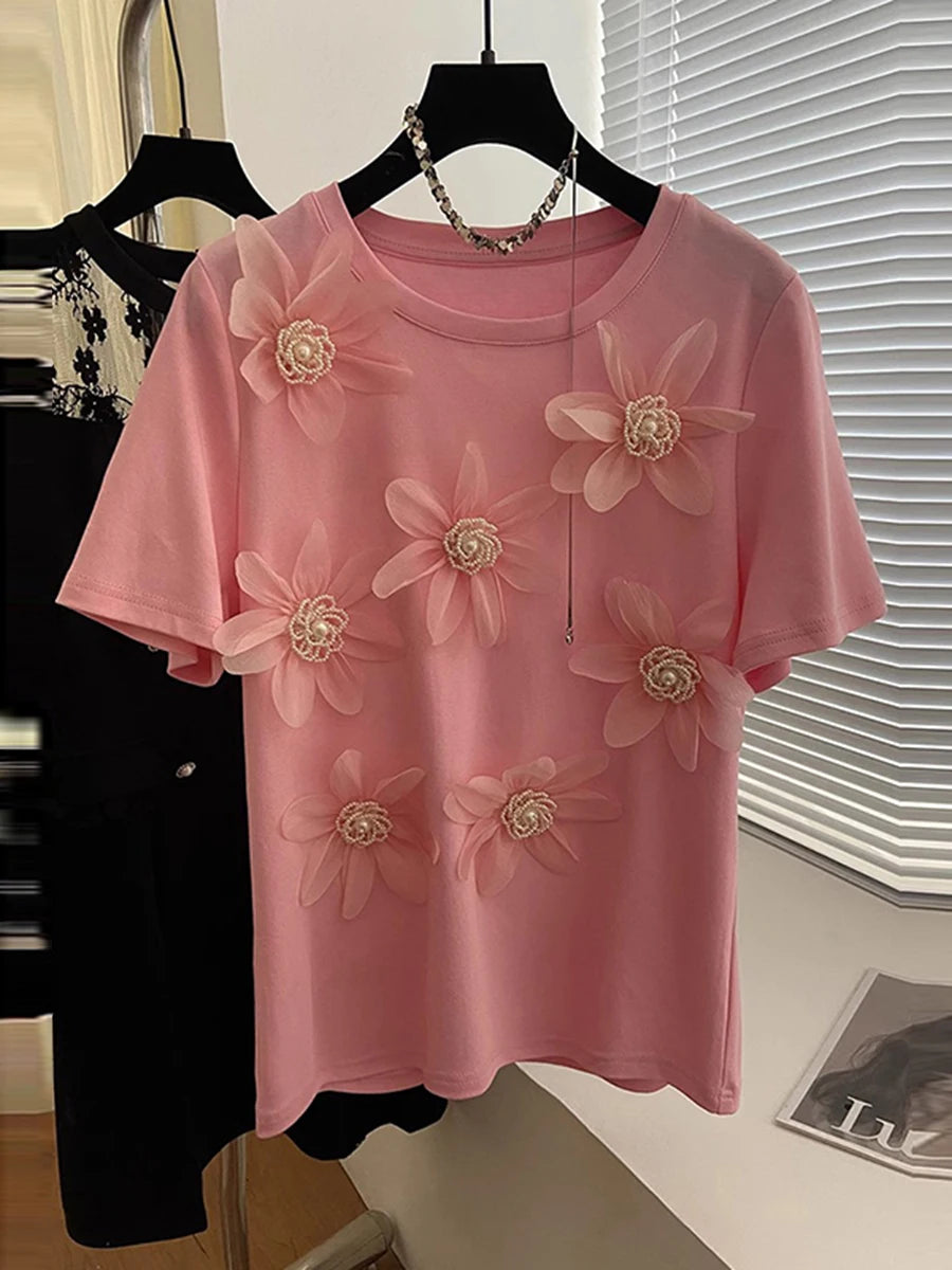 GALCAUR Solid Loose Spliced Mesh T Shirts For Women Round Neck Short Sleeves Patchwork Pearls Elegant Top Female Clothing New