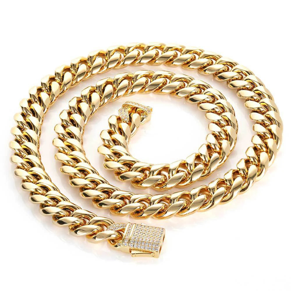 Gold Plated Mens Heavy Miami Cuban Link Chain Choker with Lab Diamond Clasp Stainless Steel Hip Hop Thick 10mm/12mm Necklace