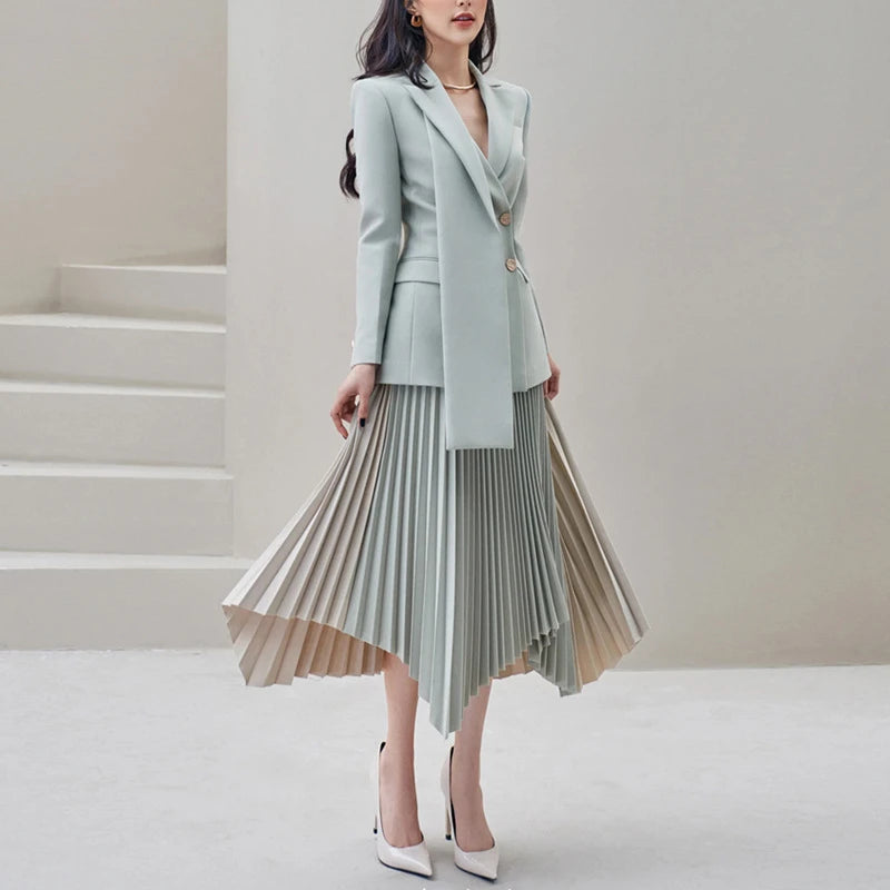 TWOTWINSTYLE Two Piece Set for Women Lapel Long Sleeves Spliced Single Breasted Blazer High Waist Patchwork Folds Skirt Female