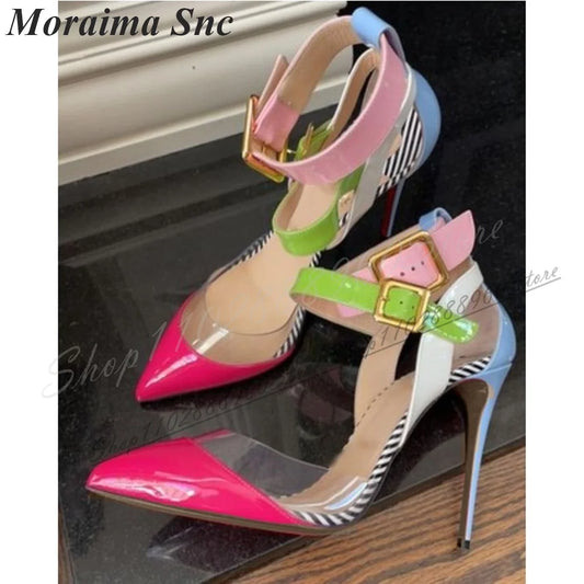 Trendy Mixed Splicing Candy Color Sandals Thin High Heel Women Shoes Ankle Buckle Strap Pointed Toe 2024 Zapatos Para Mujere