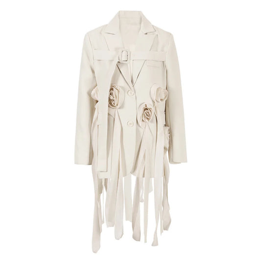 Elegant Avant-Garde Blazer with Floral Appliqué and Fringe Detailing