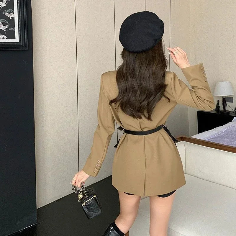 2025 Blazer Women Fashion New Loose Spliced Pocket Korean Single Breasted Blazer Mujer Female with Belt