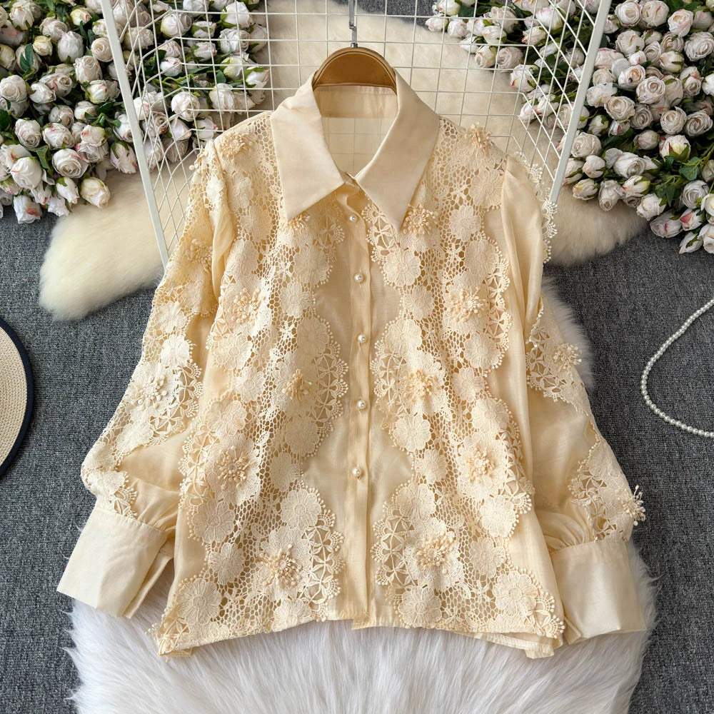 TWOTWINSTYLE Spliced Lace Chic Shirts For Women Lapel Long Sleeve Patchwork Single Breasted Minimalist Blouse Female KBL518109