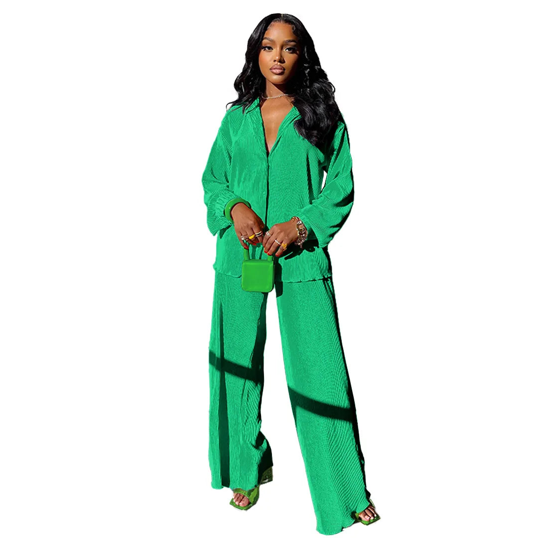 Women'S Set Casual Long Sleeve Shirt Tops And Wide Leg Pants Elegant Tracksuit Two Piece Set Sweatsuit Fitness Joggers Outfits