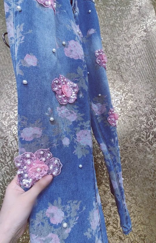 Luxury Handmade Beaded Pearls Beaded Sequins 3D Floral Embroidery Full Body Pink Flowers Denim Pants Wide Legs Jeans Trousers