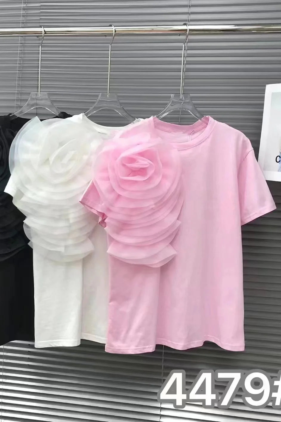 3D Flowers Stitch Short Sleeve Cotton Tshirt Three-Dimensional Big Flower Loose Casual T-shirt for Women Tops Tees White Pink