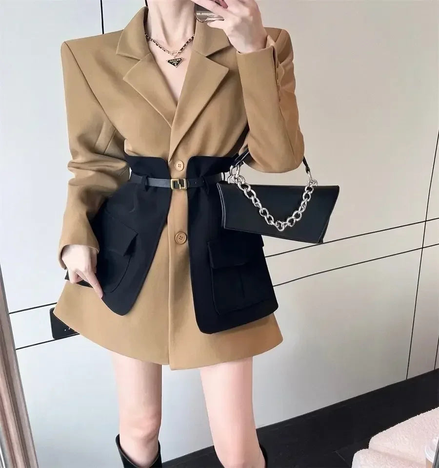 2025 Blazer Women Fashion New Loose Spliced Pocket Korean Single Breasted Blazer Mujer Female with Belt