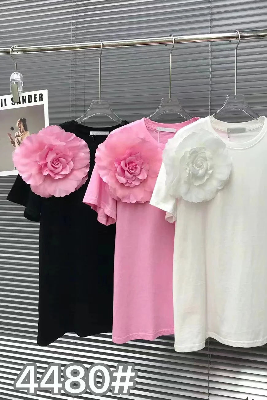 2024 Summer New In Cotton Tshirt Fashion Chic 3D Flower Short Sleeved T-shirt Women's Casual Tee Tops