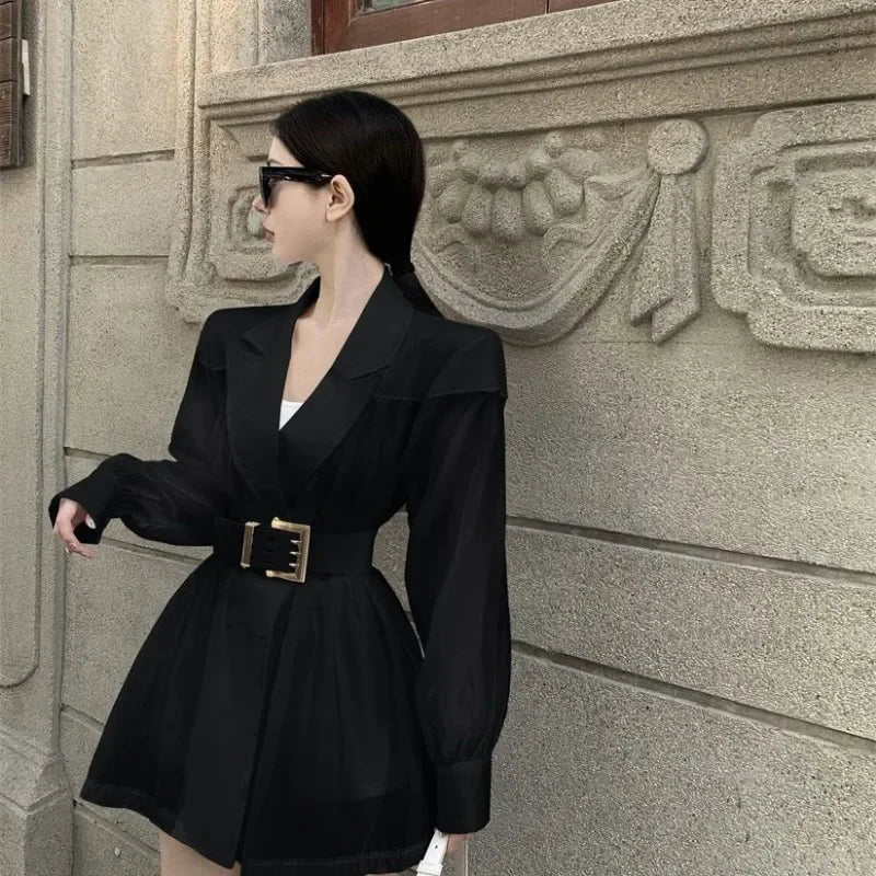 2025 Summer Women Suit Coat Blazers New Mesh Splicing Long Sleeve Loose Strap Thin Internet Celebrity Street Explosion Suit