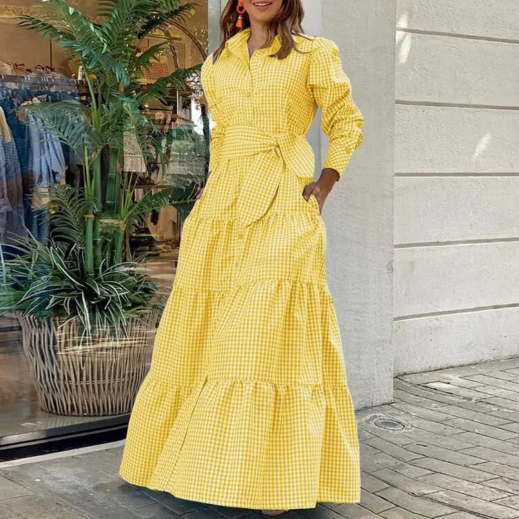 VONDA Autumn Elegant Shirt Dress 2023 Women Party Maxi Dresses Ladies Long Sleeve Solid Lapel Button Belted Elegant Long Vestido