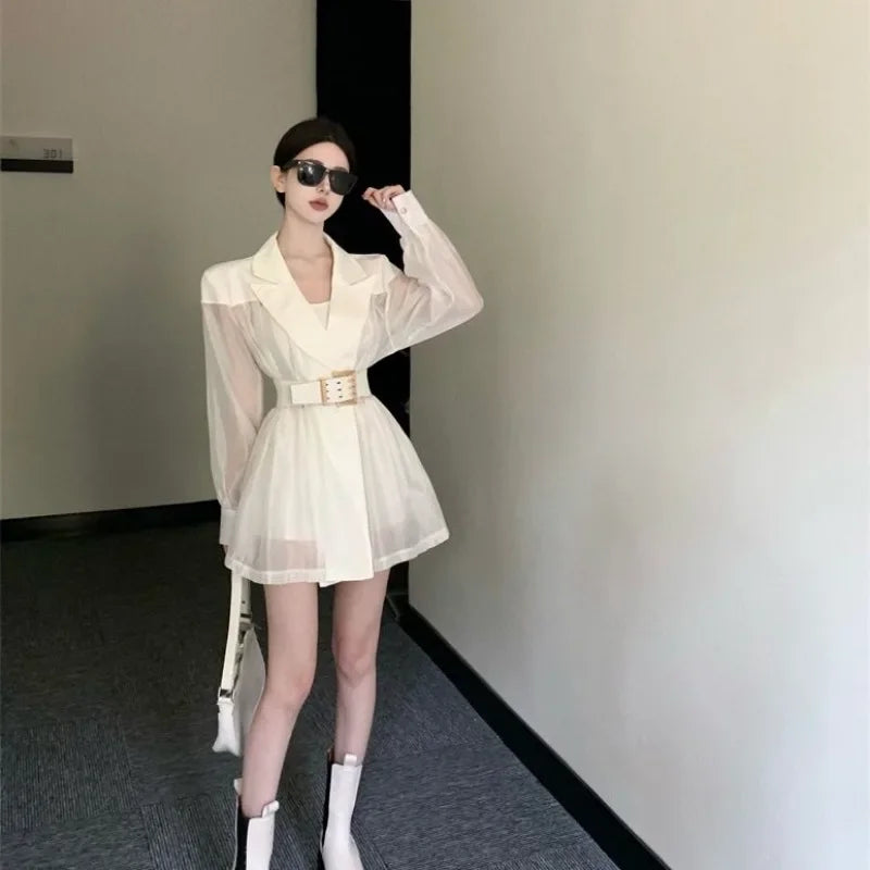 2025 Summer Women Suit Coat Blazers New Mesh Splicing Long Sleeve Loose Strap Thin Internet Celebrity Street Explosion Suit