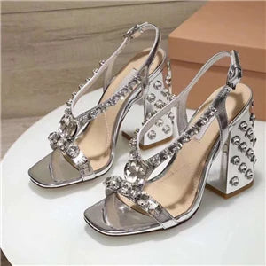 2025 Chic Rhinestone High Heel Sandals Women Jeweled Chunky Heel Diamond Strappy Summer Sandalias Mujer Gold Party Shoes Woman