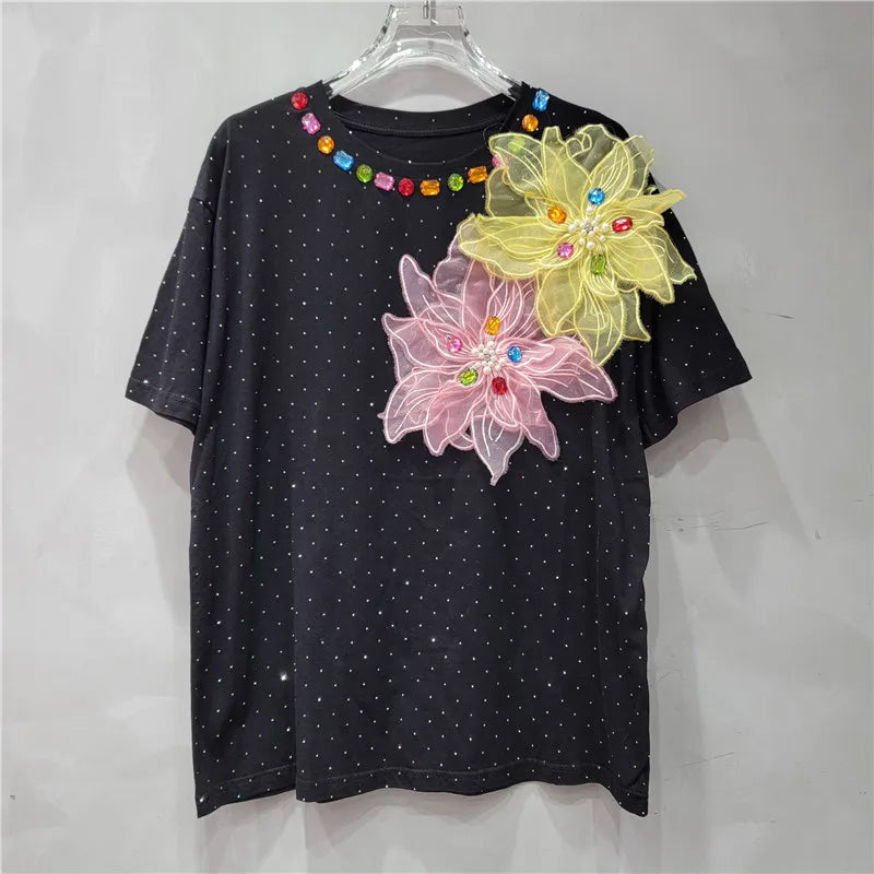 Women Hot Drilling Diamonds Beaded 3D Mesh Flowers Splicing T-shirts Rhinestones Sequined Tees Short Sleeved Jumpers Crop Tops