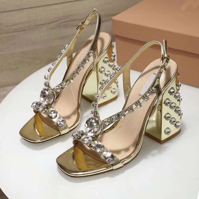 2025 Chic Rhinestone High Heel Sandals Women Jeweled Chunky Heel Diamond Strappy Summer Sandalias Mujer Gold Party Shoes Woman