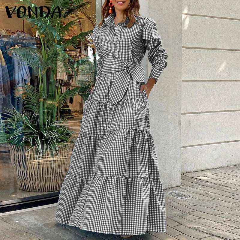 VONDA Autumn Elegant Shirt Dress 2023 Women Party Maxi Dresses Ladies Long Sleeve Solid Lapel Button Belted Elegant Long Vestido