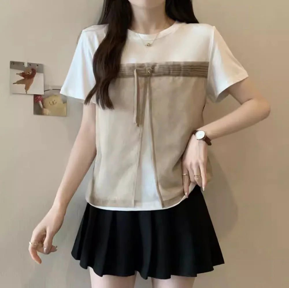 Large Women's White Tops Summer New Chinese Style Pan Button Tees Fashion Mesh Spliced Round Neck T-shirt Female Trend M-4XL