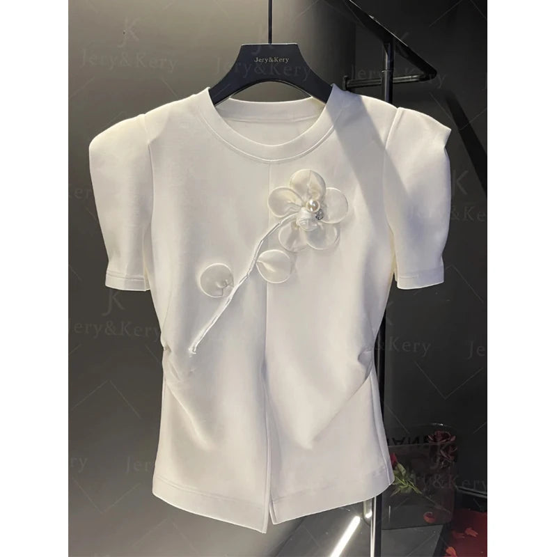 Clothes for Women 2024 New Summer Elegant Chic White 3D Flower Beaded Design T-shirt Fashion O Neck Short Sleeve Slim Split Tops