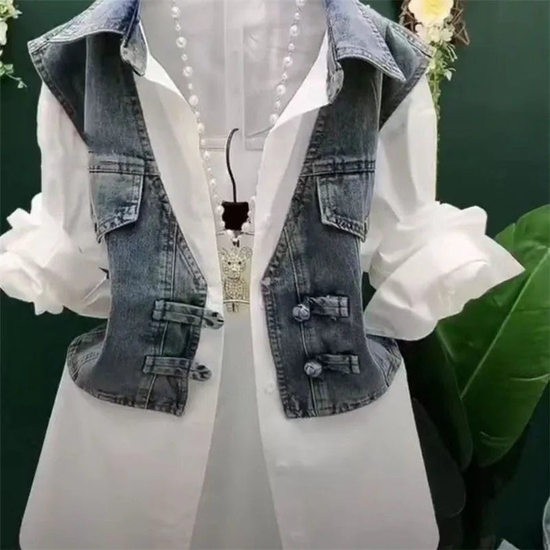 Chic Layered Denim Vest & White Blouse Set – Trendy Contrast Look