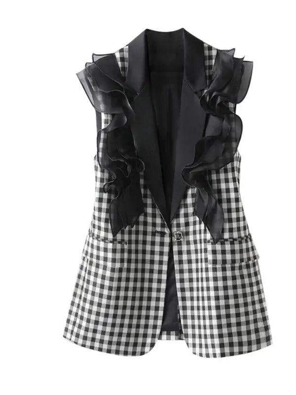 Spring Women Mesh Spliced Ruffles Checkered Waistcoat OL Palids Suit Vest Contrast Collar Sleeveless Cardigan Cardigan Tank Tops