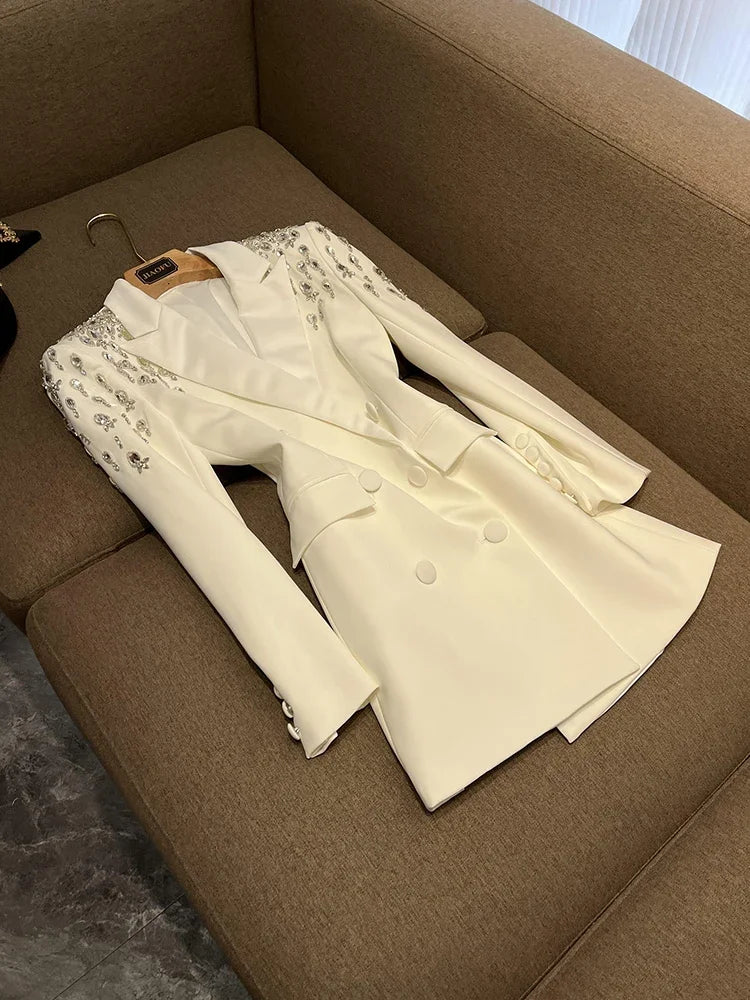 TWOTWINSTYLE Patchwork Diamonds Slim Blazers For Women Notched Collar Long Sleeve Spliced Button Luxury Coats Female YJA110551