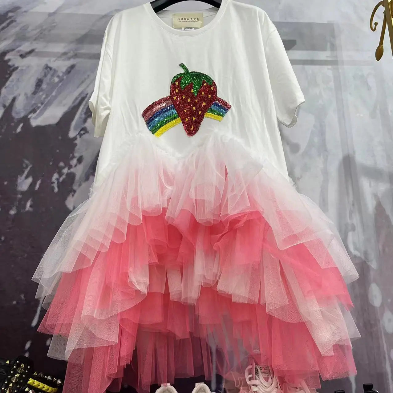 Chic Strawberry Embroidery Contrast Color Mesh Splice Ruffles T-shirt Dress Gauze Ruched Rainbow Skirt Tees Jumper Tops Vestido