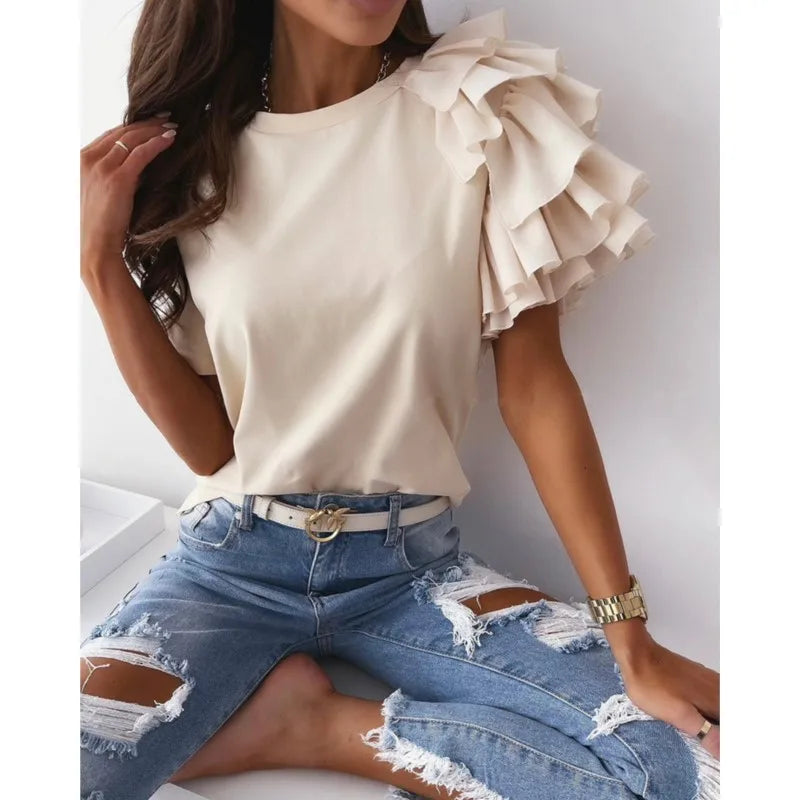 Elegant Mesh Ruffles Short Sleeves Loose T-Shirt Women's Casual O Neck Solid Basic Versatile Tops Chic Streetwear T-Shirt Blouse