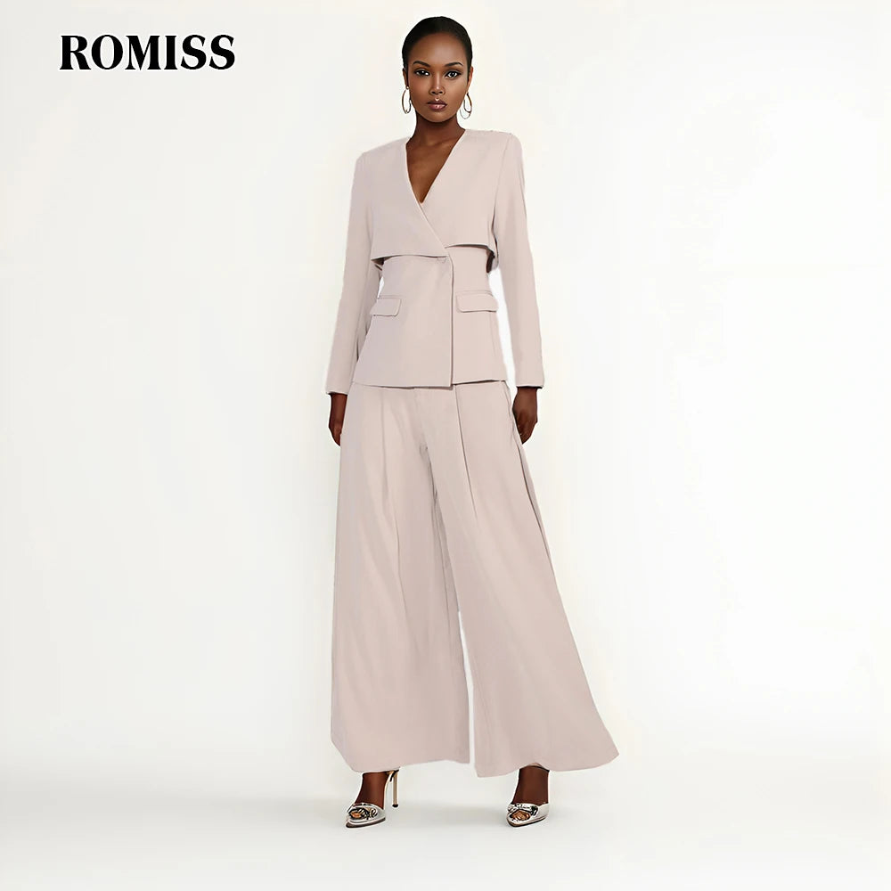 ROMISS Casual Two Piece Sets For Women V Neck Long Sleeve Spliced Button Blazers High Waist Wide Leg Pants Slimming Set Female