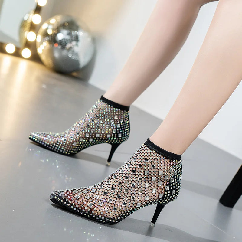 Women Hollow Out Full Sandals Rhinestone Mesh Summer Ankle Boots Pointed Toe Fashion Sexy Socks Cool Shoes Luxury Party Pumps