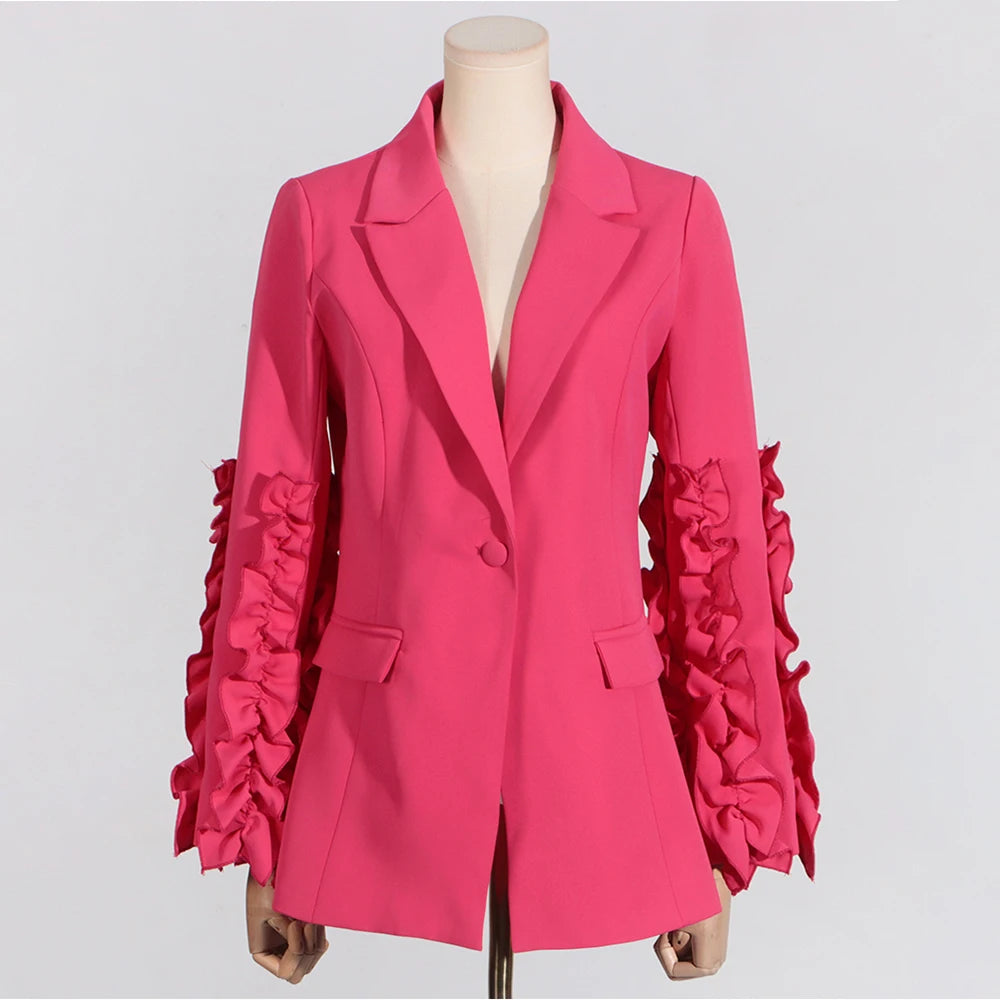 TWOTWINSTYLE Spliced Ruffles Solid Blazer For Women Notched Collar Long Sleeve Patchwork Botton Designer Elegant Coat Female