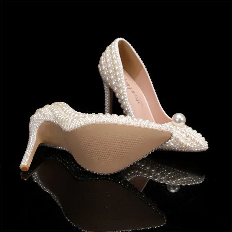 ALIDI SC New Pointed Pearl High Heels Women's Shoes with Fine Heels Wedding Dress Bridal Party Princess Shoes Size 35-43