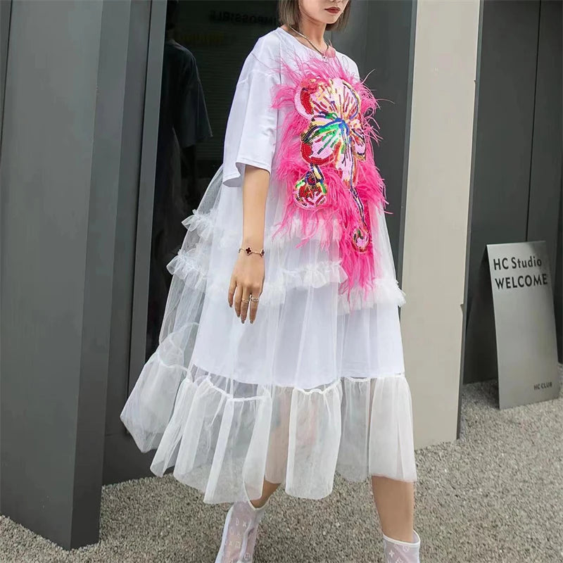 Thailand Fashion Brand Women's Summer New Dress Heavy Industry Sequins Splicing Mesh Loose Medium length T-Shirt Dress