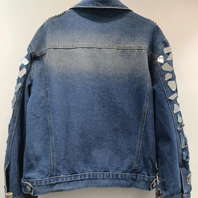 Premium Denim Jacket New Autumn Heavy Industry Sequins Handmade Diamond-encrusted Fashion Handsome Top Single-breasted Cool Coat