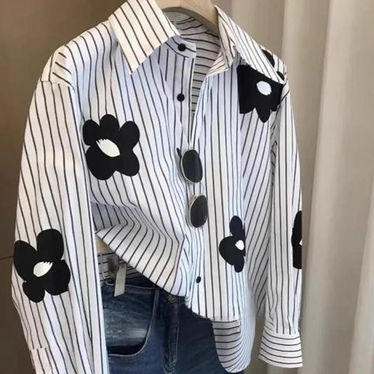 Fashion Long Sleeve Women's Clothing Patchwork Floral Ladies Tops 2024 New Sweet Buttons Shirts Striped Printing Trend Blouses