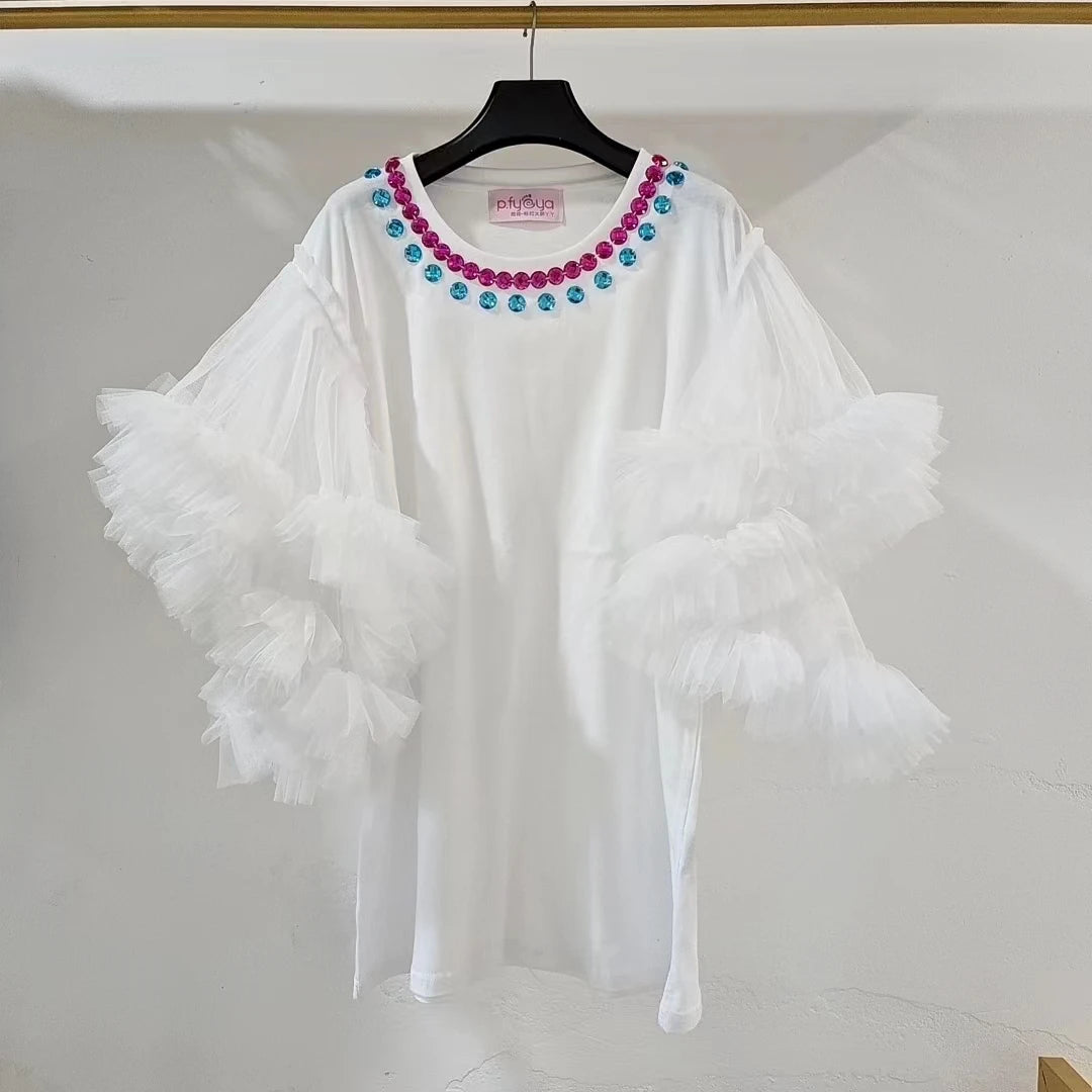 Woman Mesh Spliced Ruffles Flare Sleeve Rhinestone T-Shirts Gauze Patchwork Ruched Diamonds Beaded Tees Bat Sleeves Jumpers Tops