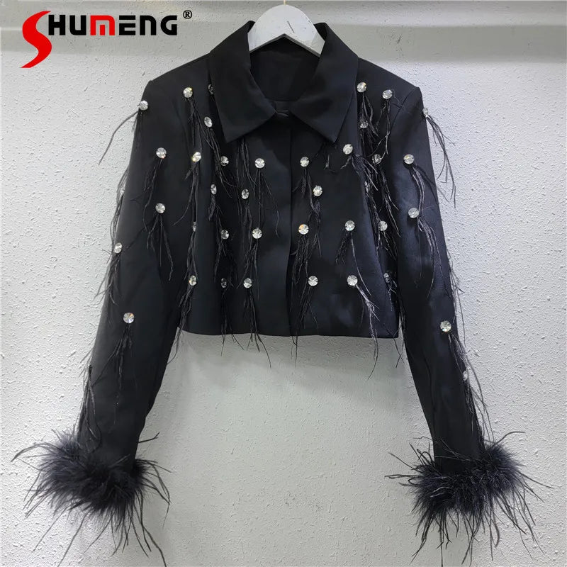 Women's 2025 Spring New Tops Diamond-encrusted Feather Tassels Nice Tailored Coat Splicing High-end Fashion Trendy Short Blazers