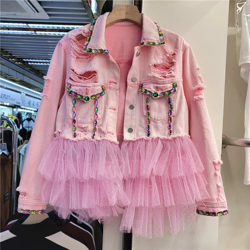 Heavy Work Diamonds Pink Short Holes Denim Jacket Fashion Mesh Stitching Slim Lapel Long Sleeve Spring New Women Jeans Jacket