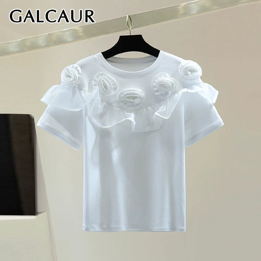 GALCAUR Casual Sweet Style Spliced Appliques T Shirt For Women O Neck Short Sleeve Slim Short Tees Female Summer Fashion Clothes