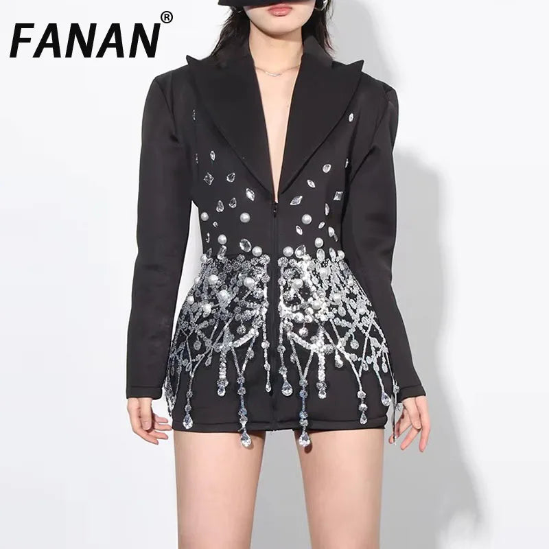 FANAN Solid Spliced Diamonds Blazers For Women Lapel Long Sleeve High Waist Spliced Zipper Slimming Jackets Female Style