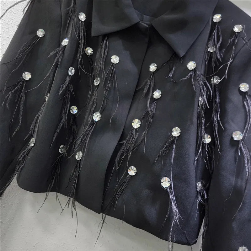 Women's 2025 Spring New Tops Diamond-encrusted Feather Tassels Nice Tailored Coat Splicing High-end Fashion Trendy Short Blazers