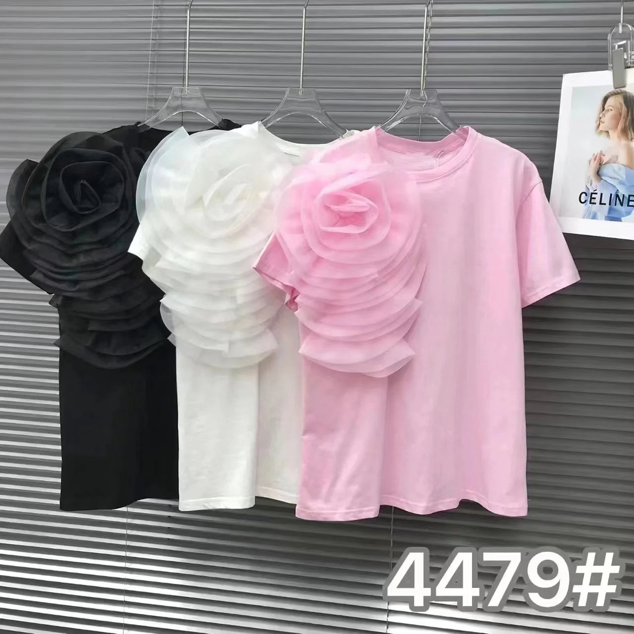 3D Flowers Stitch Short Sleeve Cotton Tshirt Three-Dimensional Big Flower Loose Casual T-shirt for Women Tops Tees White Pink