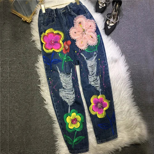 Mesh 3d Patch Flowers Beading Embroidery Streetwear Women Jeans 2023 New Summer Elastic Waist Straight Hole Denim Beggar Pants