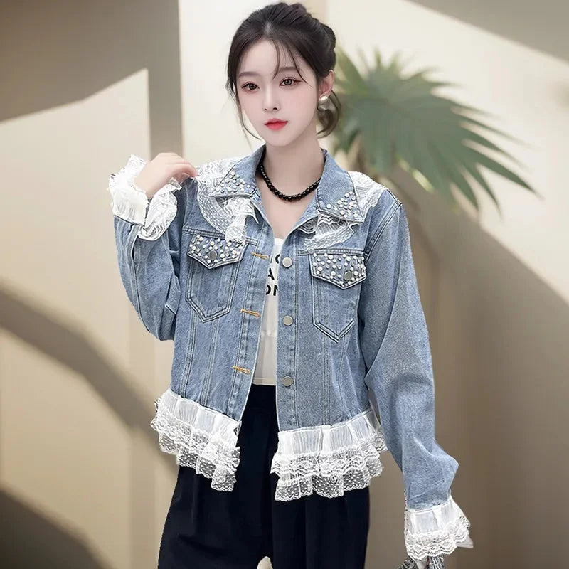 Fashion Design Lace Patchwork Denim Jacket For Women 2025 New Spring Autumn Large Size Casual Jeans Coat Outerwear Top Female