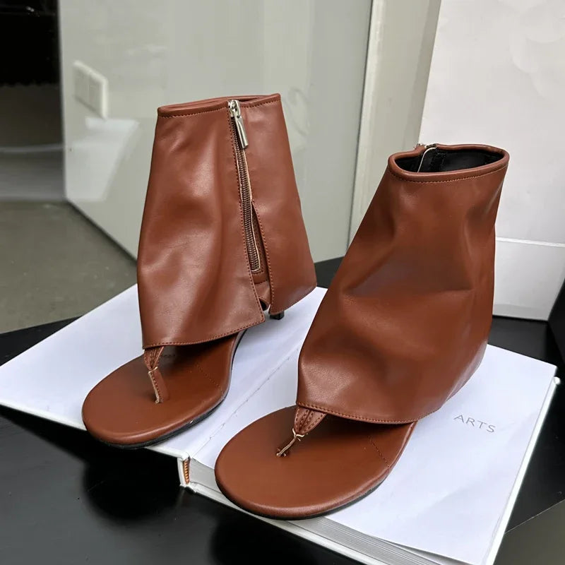 Eilyken Sexy Round Clip Toe Low Heels Boot Sandals Woman Zipper Party Shoes Design Flip Flops Ankle Botas Mujer